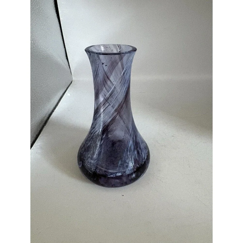 Purple/Blue Swirl Cathiness Style Art Glass  Small Bud Vase 4.5” Tall